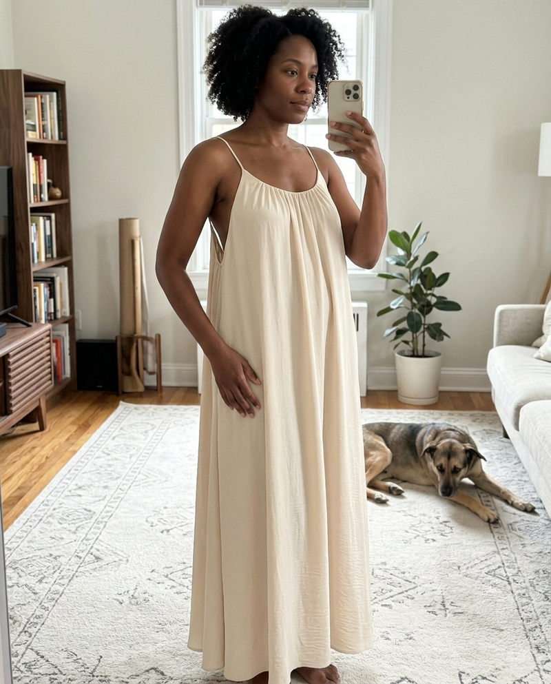 Customer wearing the backless dress at home