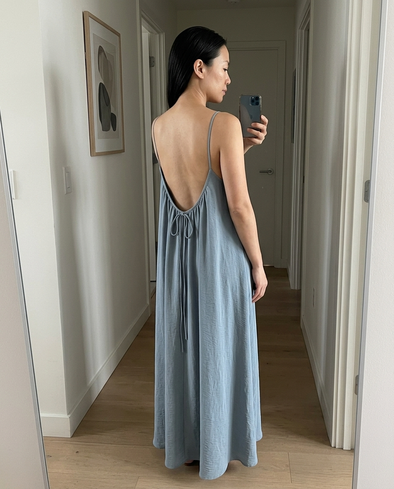 Customer wearing the backless dress at home