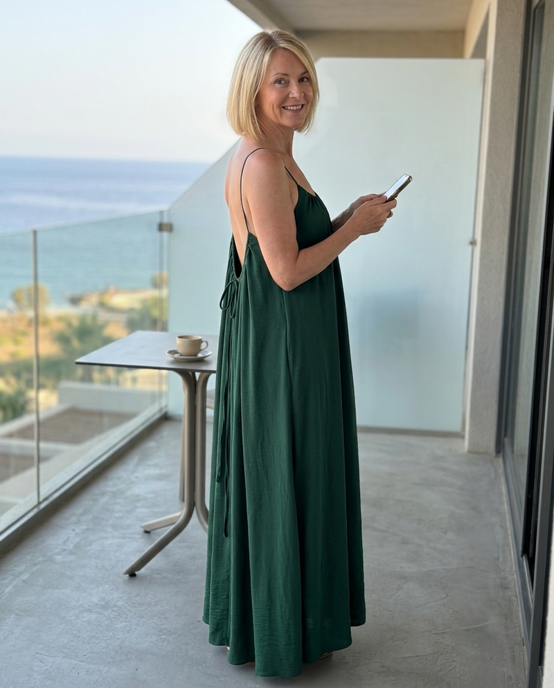 Customer wearing the backless dress at home